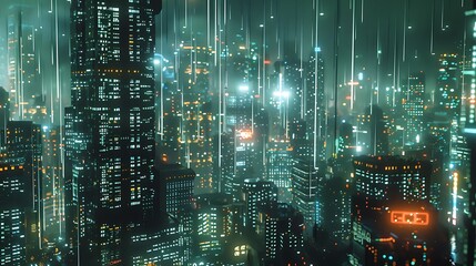 Digital rain falling onto a virtual cityscape, representing the constant flow of data in the digital age