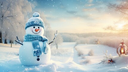 View of snowman with winter landscape and snow