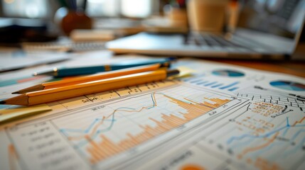 A wooden pencil and a blue pen on top of financial graphs and charts.
