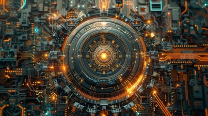 Craft a mesmerizing collage of intricate circuit patterns morphing into a kaleidoscope of currency symbols