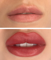 collage of permanent makeup on the lips of a young woman of a delicate peach shade close-up, a girl...
