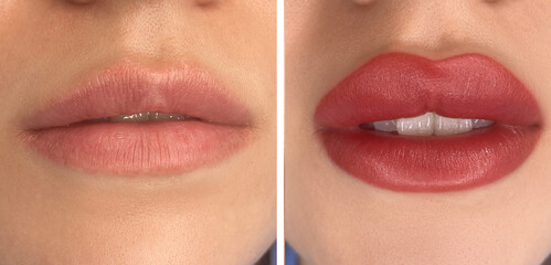 collage of permanent makeup on the lips of a young woman of a delicate peach shade close-up, a girl...