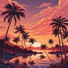 Fototapeta na wymiar vibrant sunset scene with silhouettes of palm trees against an orange and pink sky.