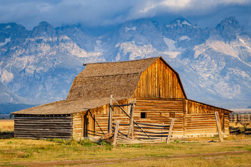 The John Moulton Barn and the Teton Range at Grand Teton National Park in Northwestern Wyoming