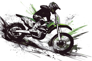 Vector graphics of motocross motifs featuring lightning bolts in shades of green, black, and grey. The designs are intended for jerseys and incorporate dynamic elements evocative of speed and power. 
