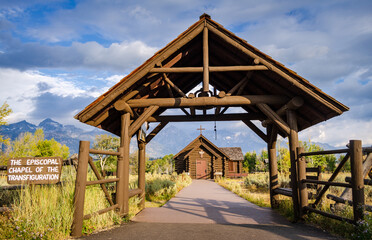 The rustic log Chapel of the Transfiguration at the Grand Teton National Park in Northwestern Wyoming