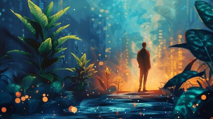 Obraz premium fantasy concept art of a person standing in a lush jungle environment with a river and overgrown plants