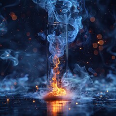 Experiments and innovations test tubes emit sparks of light and magic smoke, glow sparkling and emit fire, test tubes for medicine, medicine and research