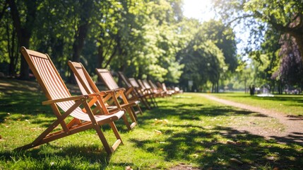 Traditional wooden deck chairs arranged on a sunny lawn in a public park, beckoning visitors to relax and unwind.