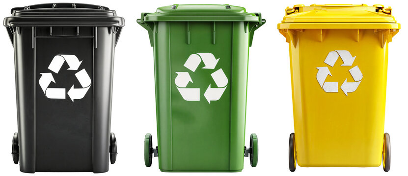 Collection of three recycling bins in different colors (black, green and yellow) isolated on a white background