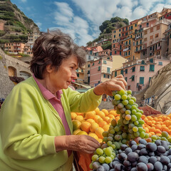 Obraz premium A captivating close-up in Italy. Sunlight kisses Cinque Terre as a woman selects perfect grapes at a bustling market.