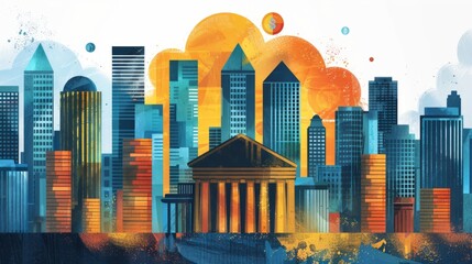 An illustration of a city skyline in blue and orange tones.