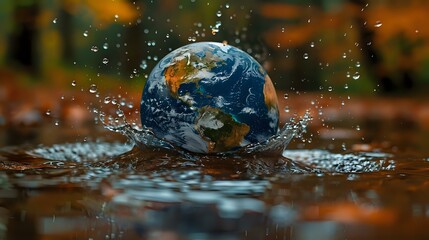 Ethereal Chaos: Earth Globe Immersed in Dynamic Water Splashes - obrazy, fototapety, plakaty