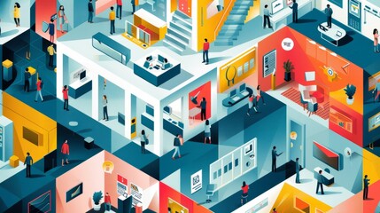 isometric office space with people working