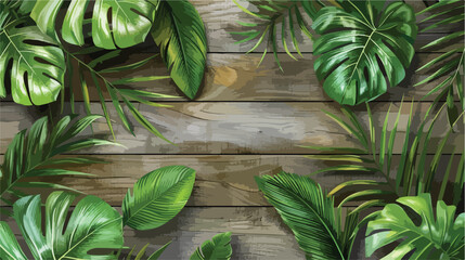 Green tropical leaves on wooden background style