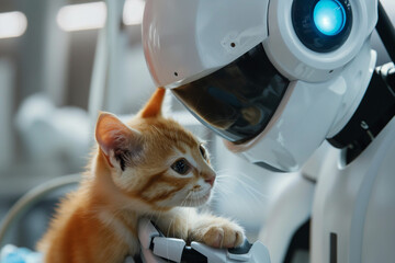 futuristic medical veterinary robot examining cat in pet hospital