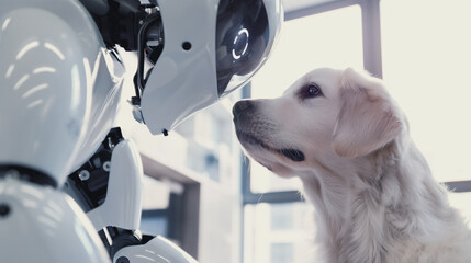 futuristic medical veterinary robot examining dog in pet hospital