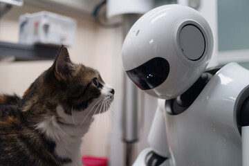 futuristic medical veterinary robot examining cat in pet hospital