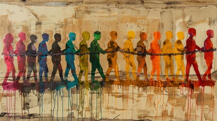 Colorful painting of people walking in a line, each person a different color, connected by a chain.