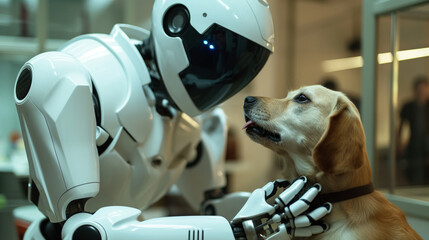 futuristic medical veterinary robot examining dog in pet hospital