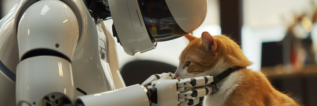 futuristic medical veterinary robot examining cat in pet hospital
