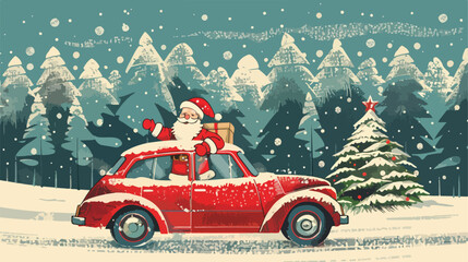 Greeting card with Santa Claus driving car with Chris