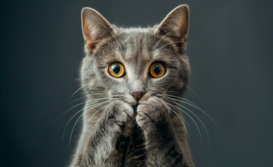 Obraz premium Surprised Cat: Paw Over Mouth Expression