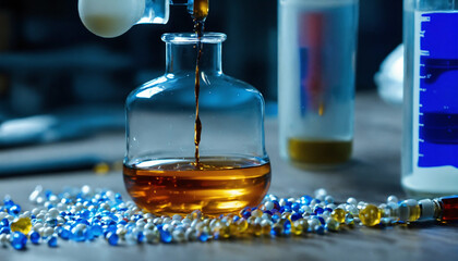 Fiole de chimie graver la lettre k de dans un liquide bleu, le tous sur un fond de laboratoire, image