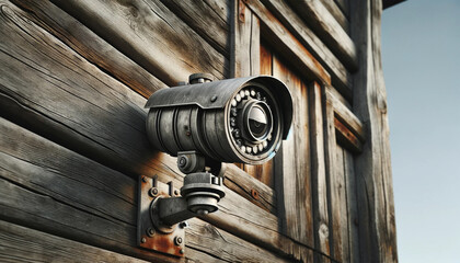 A close-up of an old-fashioned security camera in a decidedly industrial style, mounted on the weathered wooden wall of a rustic building. The camera is bulky, with a noticeable lens and rust around t - obrazy, fototapety, plakaty