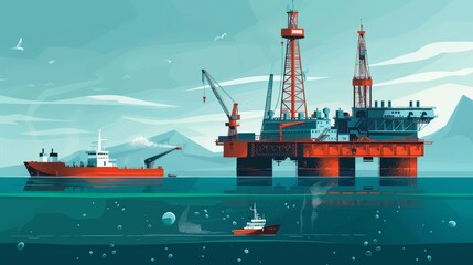 Offshore oil rig and vessels against a teal sea backdrop - obrazy, fototapety, plakaty