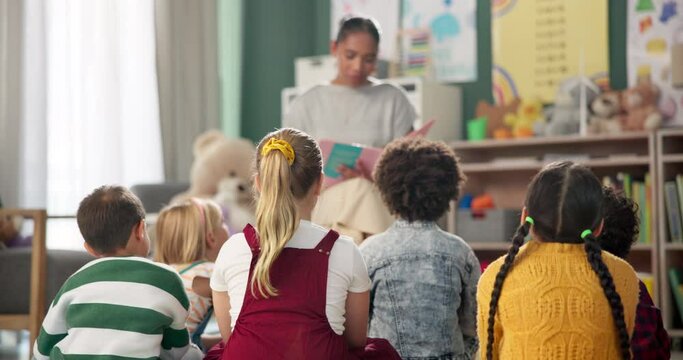 Kindergarten, children and teacher reading a story in montessori school, classroom and learning. Kids, fairytale and woman teaching language with creative fantasy stories in preschool education