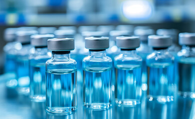Multiple vials of a blue liquid arranged in a sterile lab environment, indicating scientific research and medicine.