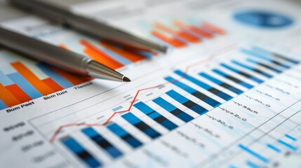 Two silver pens on a desk with a financial graph in the background.
