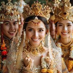 Indonesian couples get married wearing traditional tribal clothes, the bride and groom in floral knitted clothes look handsome and beautiful