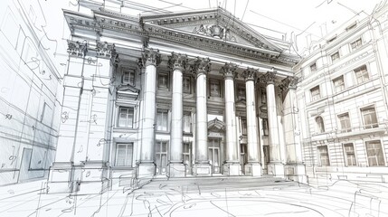 The image is a sketch of a classical building with columns and a triangular roof. - obrazy, fototapety, plakaty