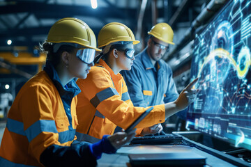 Futuristic technology concept: Team of engineers and professional Workers in heavy industry manufacturing factory that is digitalized with graphics into digital twin of industry