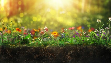 A beautiful flower garden with soil and roots under the ground