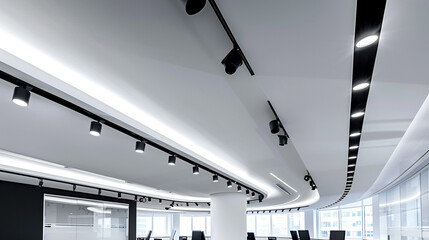 A clean and contemporary office ceiling in white, equipped with black track lamps that curve gently around the perimeter, offering both ambient and task lighting.