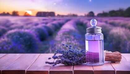 microphone on a wooden table, soap and towel, lavender flowers in a bottle, lavender on the beach, Stones and lavenders on wooden desk on background of lavender field. Spa still life in pastel colors