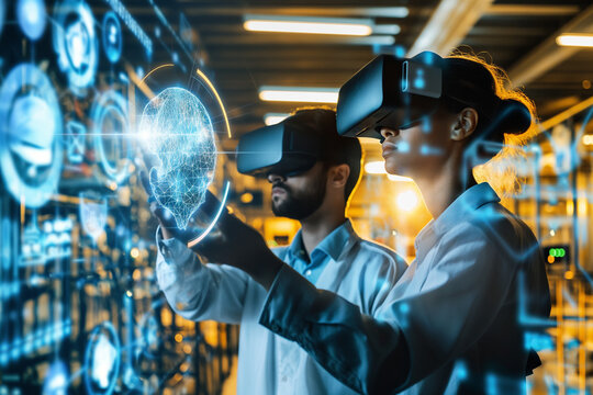 Futuristic technology concept: Team of engineers and professional Workers in heavy industry manufacturing factory that is digitalized with graphics into digital twin of industry - Powered by Adobe