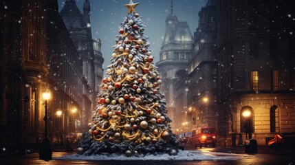 Fototapeta na wymiar Beautiful christmas tree in city