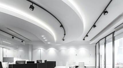 A clean and contemporary office ceiling in white, equipped with black track lamps that curve gently...