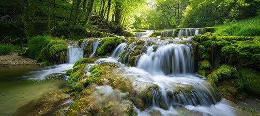 beautiful waterfall in the forest, mossy rocks and green grass, long exposure