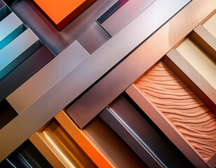 Obraz premium Overlapping geometric shapes in various shades of orange, brown, and gray creating an abstract layered composition