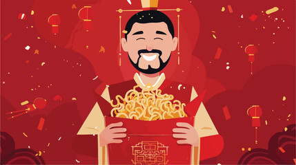 Handsome man with box of Chinese noodles on red background