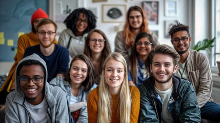 Obraz premium A group of students sitting in a classroom during a lesson or lecture. Education at school or university. Process of learning and education. Smiling teenagers in class
