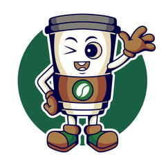 Vector mascot for Starbucks Coffee Cup with Happy face and blink eyes saying hello. Cartoon style and have a retro style for shadow. 