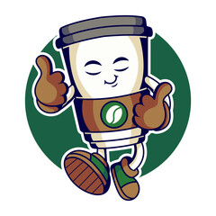 Vector mascot for Starbucks Coffee Cup with Happy face and dancing pose. Cartoon style and have a retro style for shadow. 