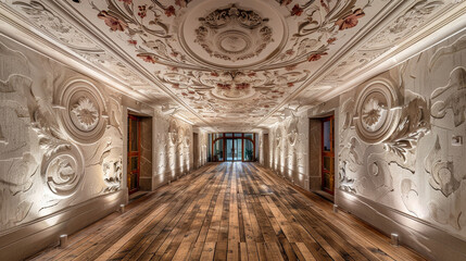Vintage-inspired gypsum ceiling with floral patterns in a high-rise entrance, paired with an aged...