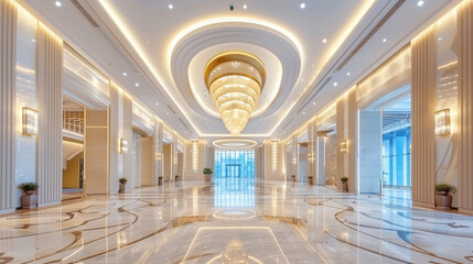 High-rise building entry with a creatively designed gypsum ceiling, enhancing the interior...